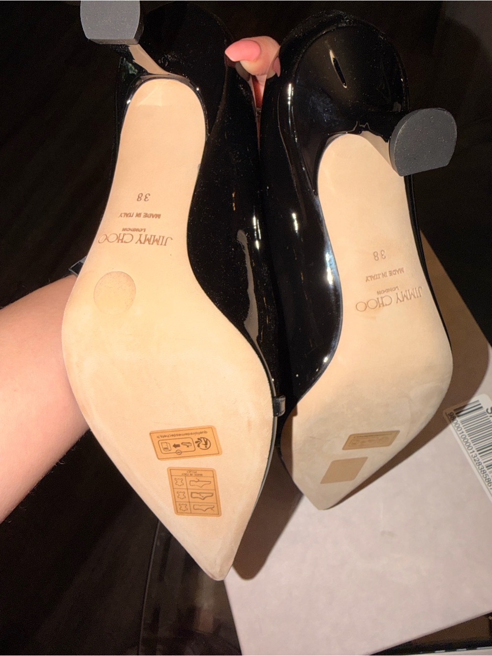 Jimmy Choo Black Patent Pointed Toe Heels with Pearl Strap - Picture 2 of 5